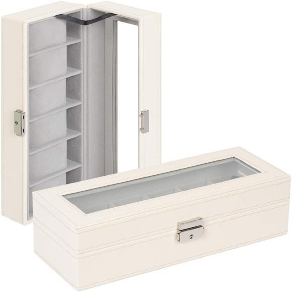 Watch Case 6 Slot Leather Watch Box Display Case Organizer Glass Jewelry Storage - Picture 6 of 7